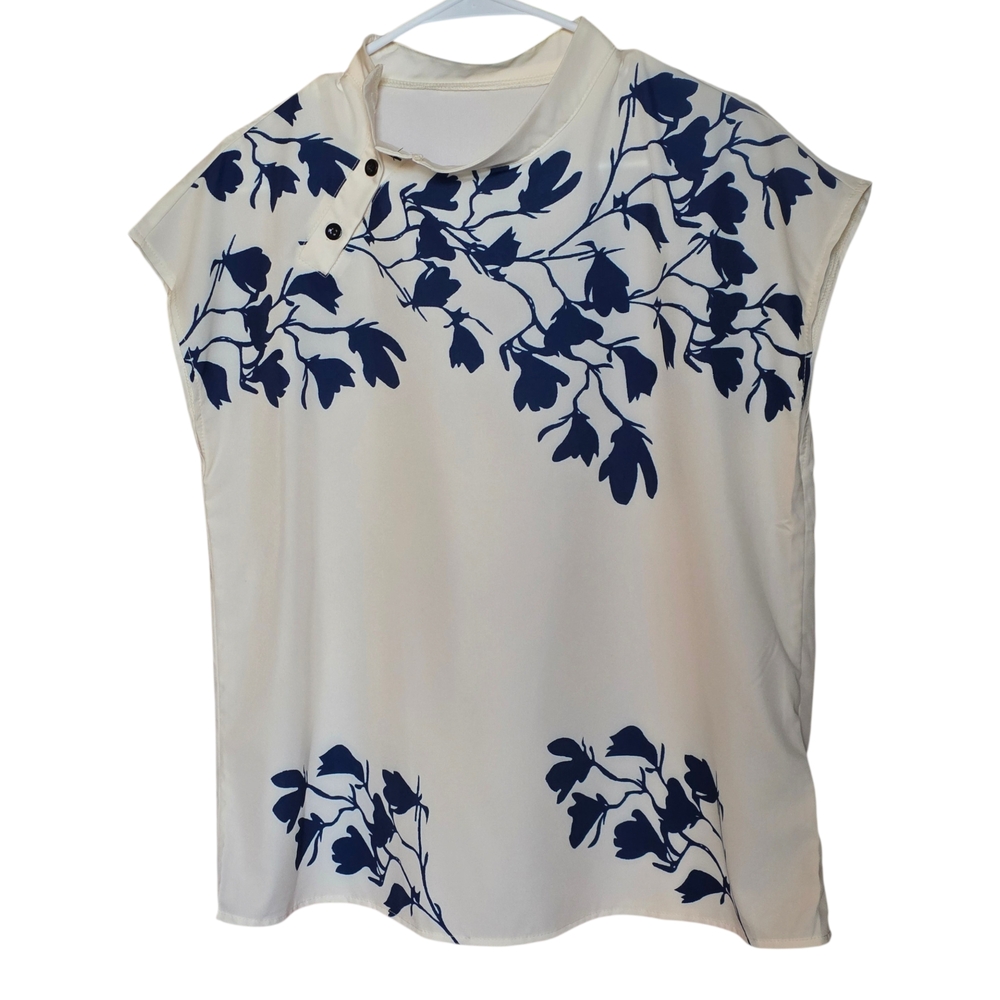 NEW Emery Rose Ivory Cap-Sleeve Floral Popover Blouse with Navy Print Size L - Picture 2 of 6